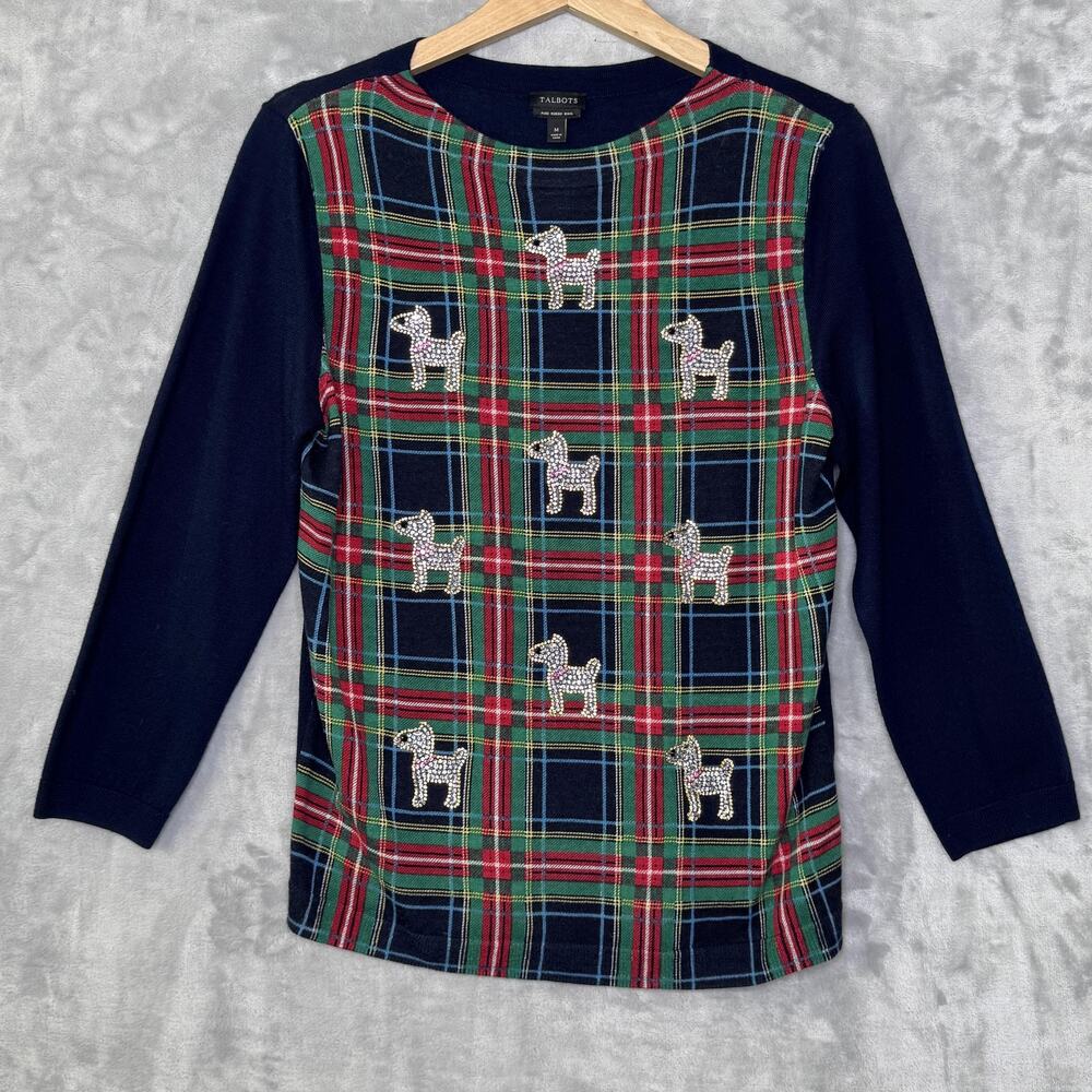 Talbots Sweater Womens Medium Navy Plaid Scottie Dog 100% Merino Wool Tartan